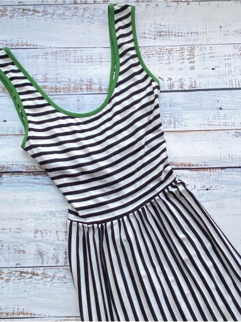 Black & White Striped Tank Dress with Green Trim